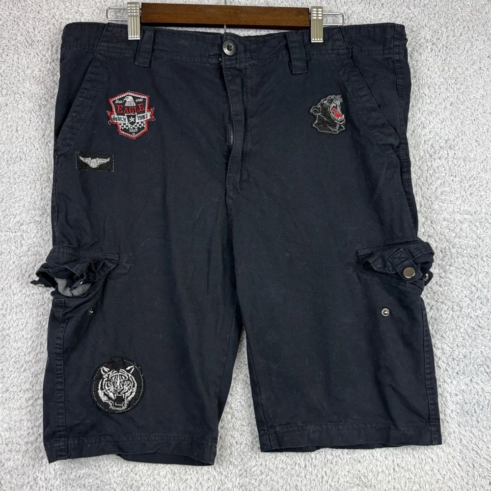 Bench Cargo Shorts Mens XXL Black Patch Graphic Eagle Panther Skater Y2K Moto